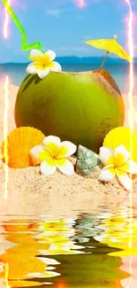 Tropical coconut with flowers on beach with ocean backdrop.