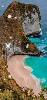 Tropical cove with blue sea and sandy beach surrounded by cliffs.