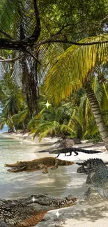 Tropical beach scene with crocodile on shoreline under lush green canopy.