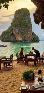 Tropical beach dining setup with ocean view.