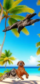 Tropical beach scene with dogs and eagle against palm trees.