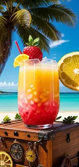 Refreshing tropical drink on a sunny beach with palm trees and ocean.