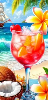 Vibrant tropical beach scene with cocktail and flowers