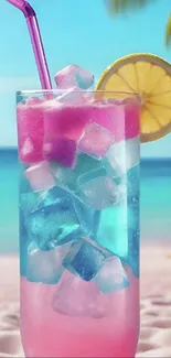 Colorful cocktail with pink and blue hues on a beach backdrop.