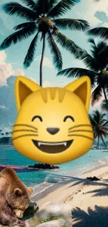 Smiling cat emoji overlaying a tropical beach with palm trees and a bear.