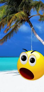 Tropical beach with surprised emoji hanging from palm tree.