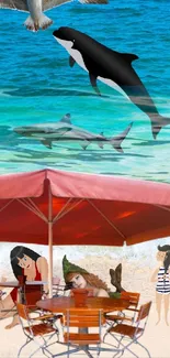 Tropical beach scene with ocean and marine life wallpaper.