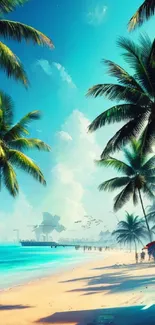 Tropical beach wallpaper with palm trees and ocean.