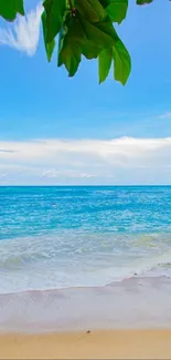 Tropical beach with ocean waves and lush green leaves under a blue sky.