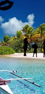 A family silhouette on a tropical beach with palm trees and a boat on clear waters.