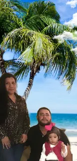 Family at tropical beach with palm trees and ocean view under blue sky.