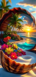 Fantasy art of a tropical beach with sunset and flowers in a seashell.