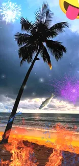 Whimsical tropical beach wallpaper with palm trees and fireworks design.