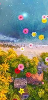 Tropical beach wallpaper with vibrant flowers and ocean view.