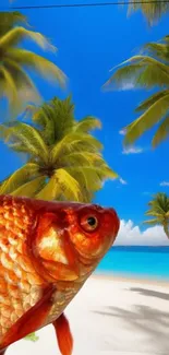 Tropical beach wallpaper with palm trees and a vibrant goldfish.