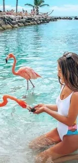 Woman with flamingos on a tropical beach scene.