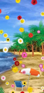 Vibrant tropical beach with colorful flowers and palm trees.