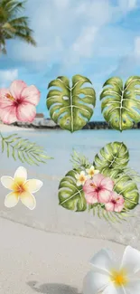 Tropical beach scene with flowers and leaves under a sunny sky.