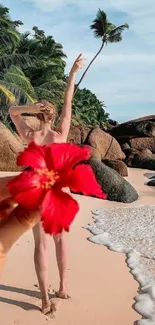 Vibrant red flower with tropical beach background.