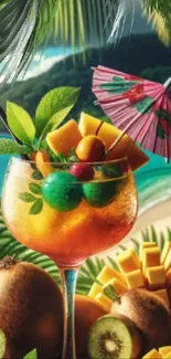 Tropical cocktail with fruits on a beach backdrop.