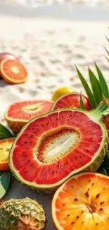 Exotic fruits on a sandy tropical beach.