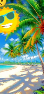 Tropical beach with palm trees and a cartoon sun smiling.