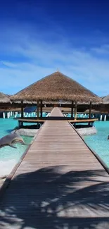 Mobile wallpaper of a tropical beach with overwater bungalows and clear blue waters.