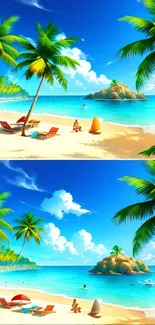 Tropical beach wallpaper with palm trees and clear blue skies.