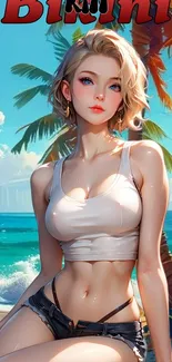 Stylish girl on tropical beach with ocean view and palm trees, anime style.