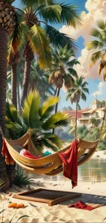 Tropical beach scene with a hammock and palm trees under bright sunshine.