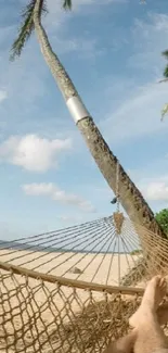 Relaxing in a hammock on a tropical beach with palm trees and ocean view.