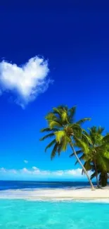 Tropical beach with heart-shaped cloud and palm trees.