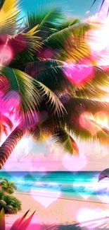 Tropical beach wallpaper with palm trees, pink hearts, and a dolphin.