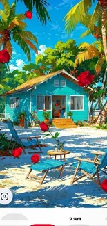 Tropical beach house with palm trees and vibrant colors.