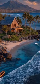 Tropical beach with house, palm trees, and waves at sunset.