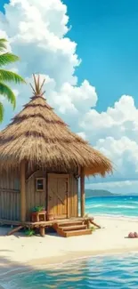 Tropical beach hut with palm trees and blue sky.