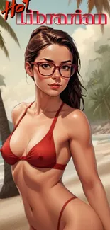 Anime artwork of a woman with glasses in a red bikini on a tropical beach.