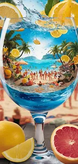 Tropical beach scene inside a glass with citrus fruits.