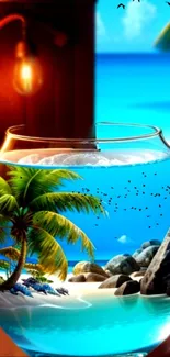 Vivid beach scene inside a fishbowl with azure ocean and palm trees.