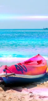 Colorful kayaks on a serene tropical beach with blue ocean.