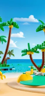 LEGO tropical beach with palms and ocean.