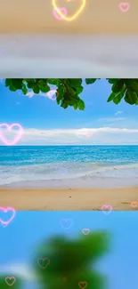 Tropical beach scene with heart overlays under sunny sky.