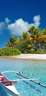 Tropical beach wallpaper with palm trees and clear blue waters.