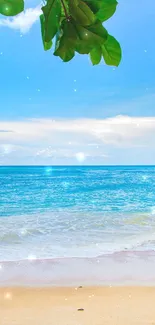 Tropical beach wallpaper with ocean, sky, and overhanging leaves.