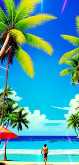 Vibrant tropical beach scene with palm trees and blue sky.