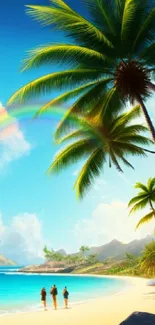 Scenic tropical beach with palm trees and clear blue sky.