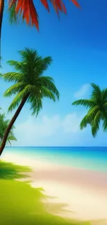 Serene tropical beach with palm trees and blue sky.