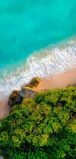 Aerial view of a tropical beach with turquoise water, sandy shore, and greenery.