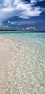 Serene tropical beach with clear waters and vibrant sky