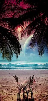 Tropical beach at night with palm trees and moonlit ocean waves.